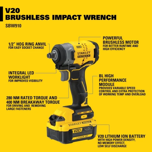 STANLEY SBW910M1K CORDLESS BRUSHLESS IMPACT WRENCH 20V