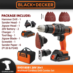 BLACK + DECKER EVO185B1 20V Max 3 In 1 Multitool Combo Set Cordless Impact Drill