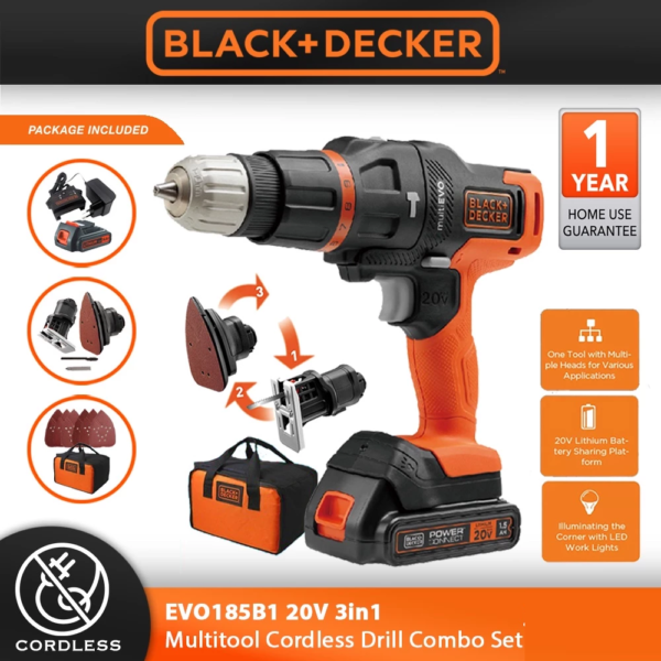 BLACK + DECKER EVO185B1 20V Max 3 In 1 Multitool Combo Set Cordless Impact Drill